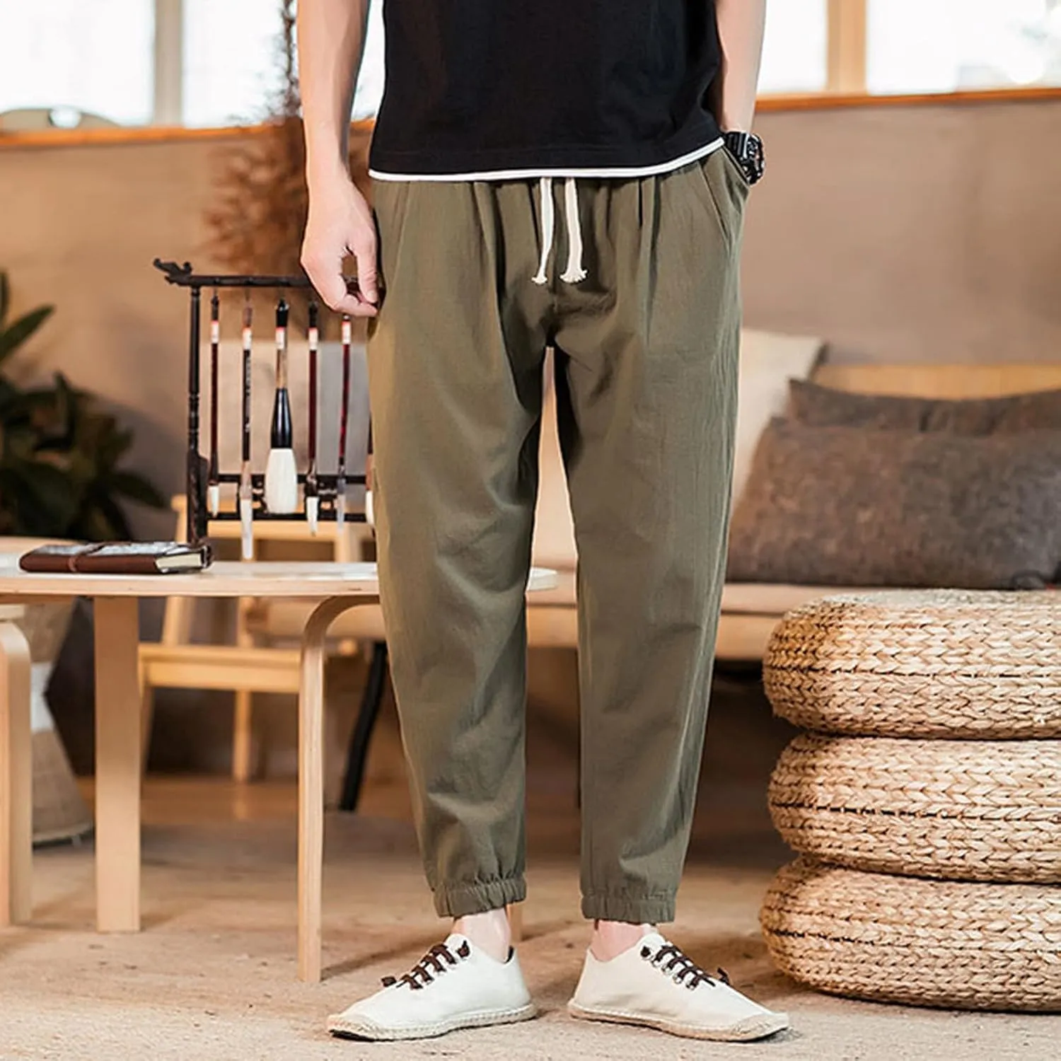 Mens Classic Casual Pants Workout Athletic Pants Parachute Tapered Cotton Linen Sweatpants Hiking Jogger Fashion Pant