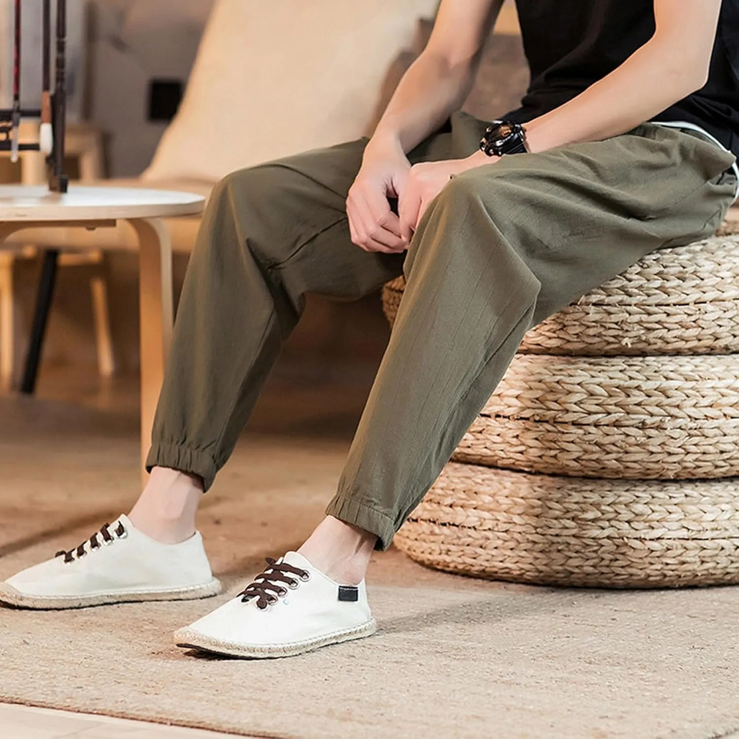 Mens Classic Casual Pants Workout Athletic Pants Parachute Tapered Cotton Linen Sweatpants Hiking Jogger Fashion Pant