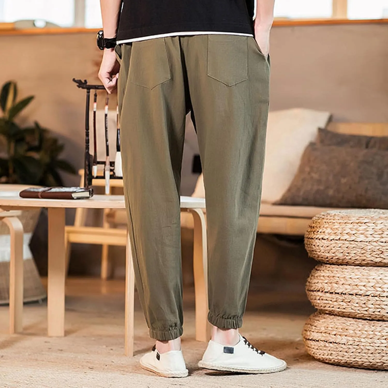 Mens Classic Casual Pants Workout Athletic Pants Parachute Tapered Cotton Linen Sweatpants Hiking Jogger Fashion Pant