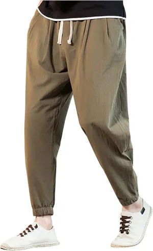 Mens Classic Casual Pants Workout Athletic Pants Parachute Tapered Cotton Linen Sweatpants Hiking Jogger Fashion Pant
