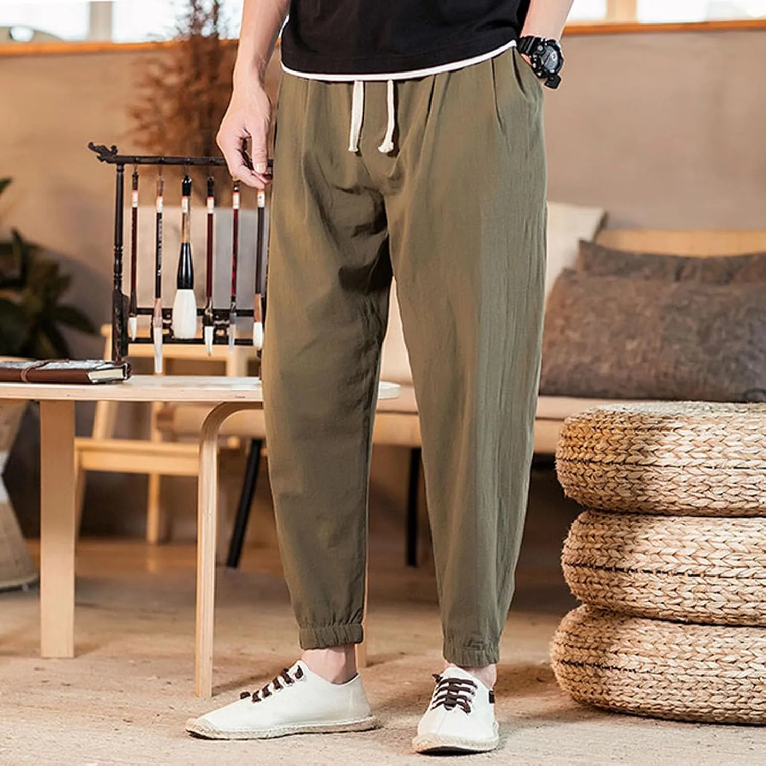 Mens Classic Casual Pants Workout Athletic Pants Parachute Tapered Cotton Linen Sweatpants Hiking Jogger Fashion Pant