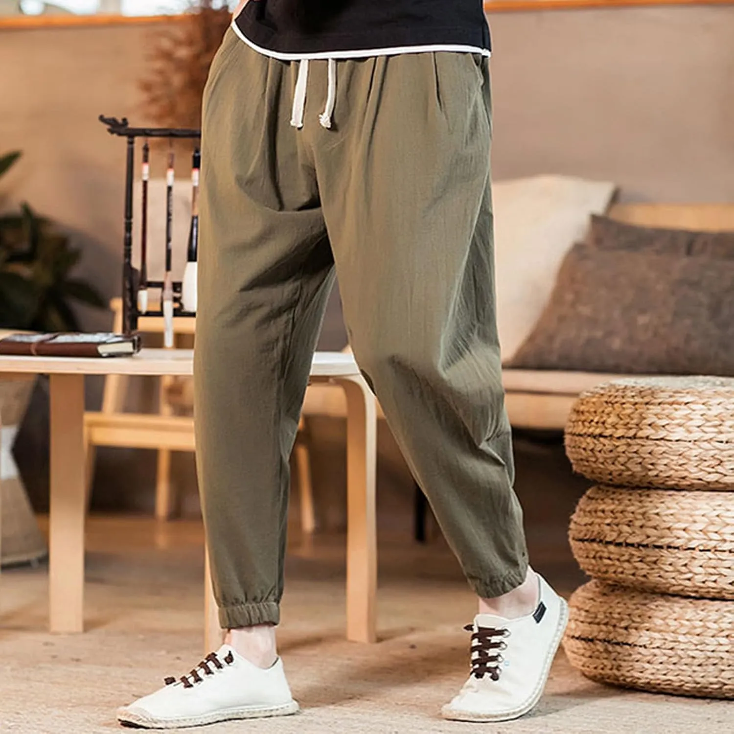 Mens Classic Casual Pants Workout Athletic Pants Parachute Tapered Cotton Linen Sweatpants Hiking Jogger Fashion Pant