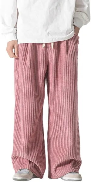 Mens Corduroy Pants Baggy Wide Leg Loose Fit Drawstring Elastic Waist Sweatpants Vintage Pants