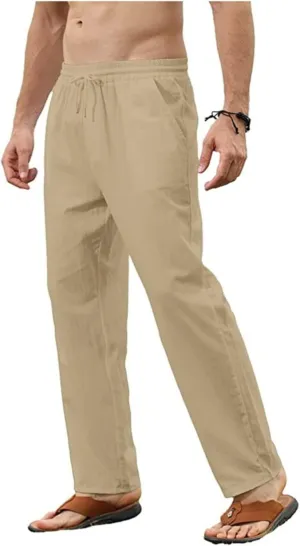 Men's Cotton Linen Pants Elastic Casual Drawstring Pant with Pockets Summer Beach Pants for Men Baggy Trousers