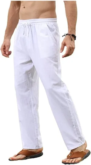 Men's Cotton Linen Pants Elastic Casual Drawstring Pant with Pockets Summer Beach Pants for Men Baggy Trousers