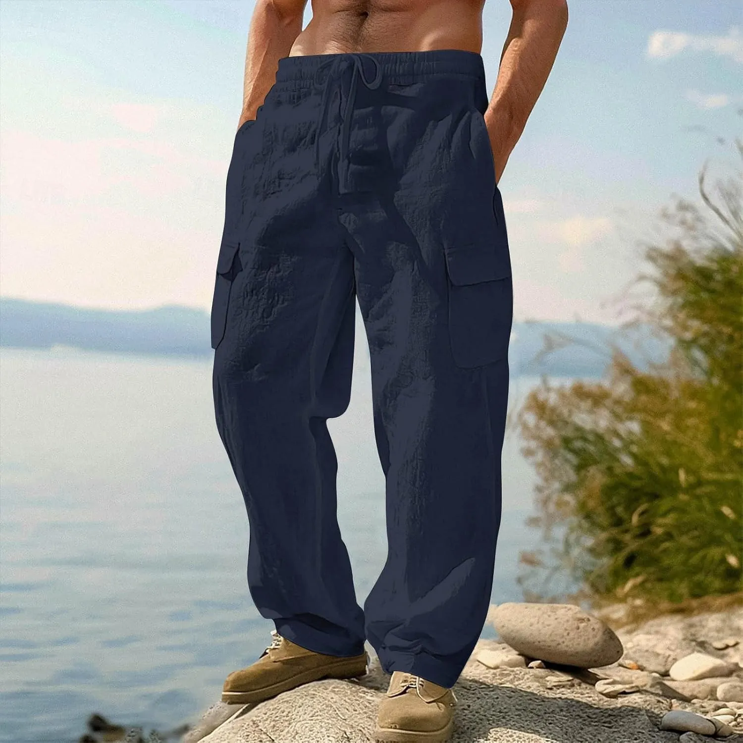 Men's Drawstring Multi Pocket Casual Cargo Pants Hiking Cotton Pants