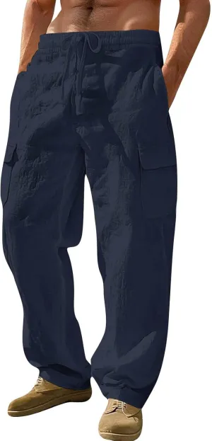 Men's Drawstring Multi Pocket Casual Cargo Pants Hiking Cotton Pants