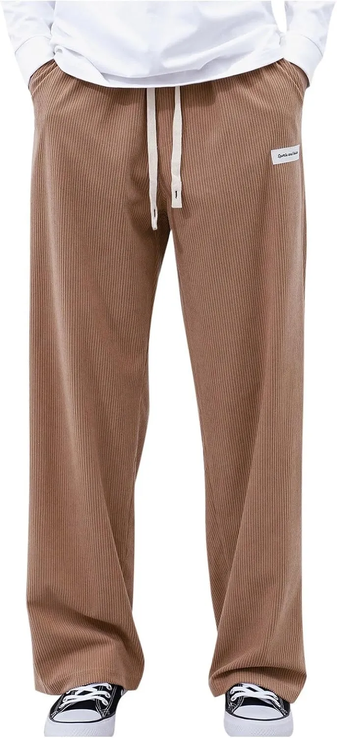 Men's Elastic Waist Casual Pants, Corduroy Baggy Quick Dry Lightweight Athletic Outdoor Hiking Sweatpants with Pockets