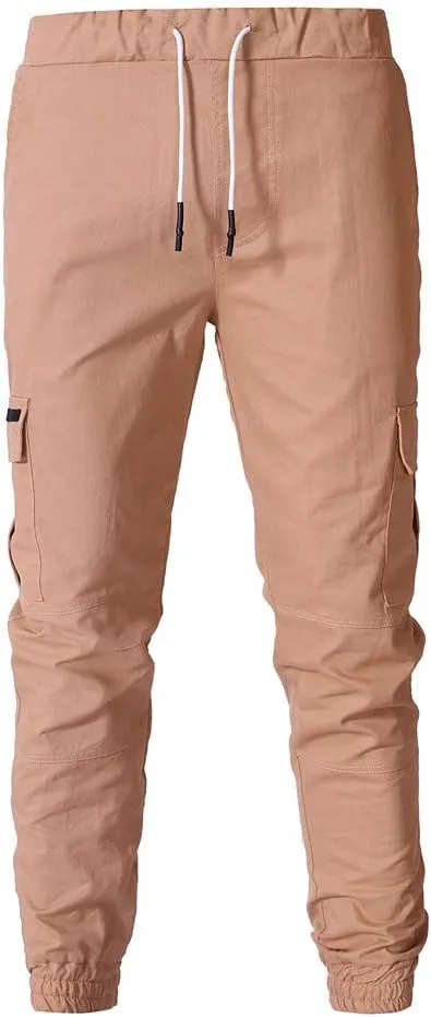 Men's Hiking Twill Chino Cargo Joggers Trousers Slim Fit Lightweight Drawstring Cotton Sweatpants with Multi Pockets
