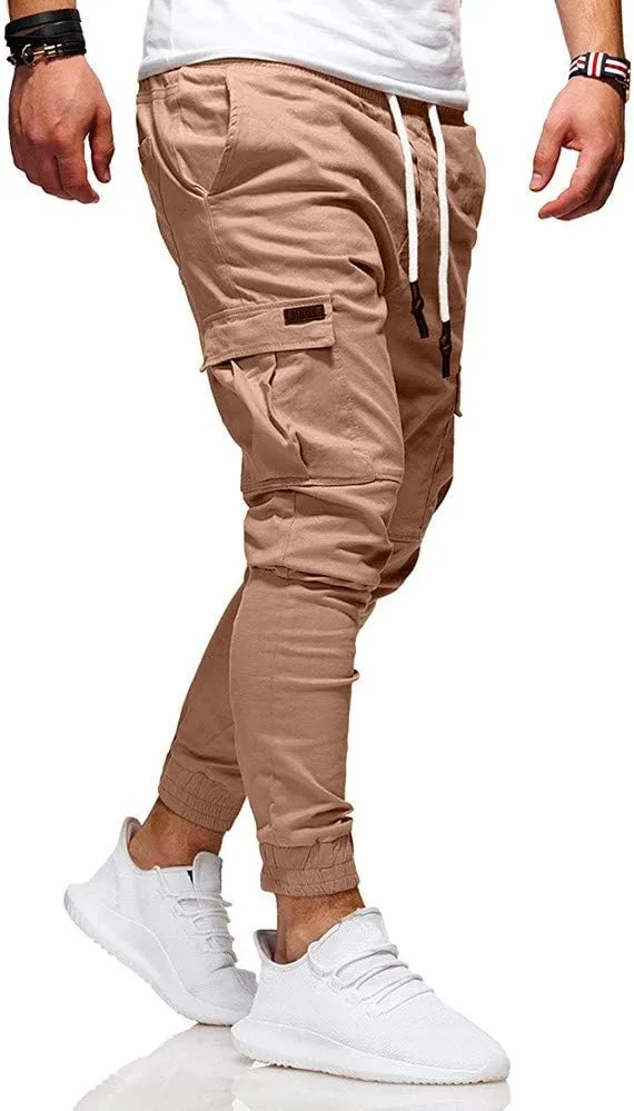 Men's Hiking Twill Chino Cargo Joggers Trousers Slim Fit Lightweight Drawstring Cotton Sweatpants with Multi Pockets