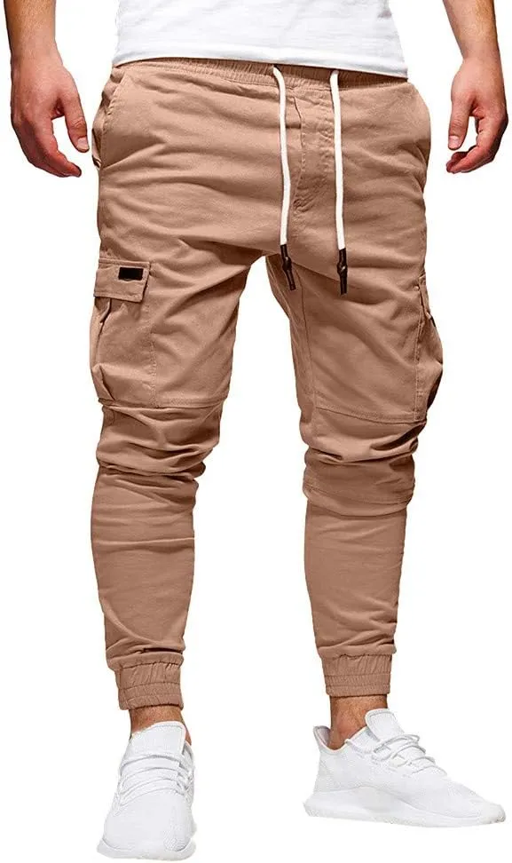 Men's Hiking Twill Chino Cargo Joggers Trousers Slim Fit Lightweight Drawstring Cotton Sweatpants with Multi Pockets