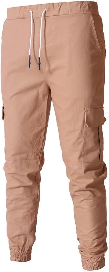 Men's Hiking Twill Chino Cargo Joggers Trousers Slim Fit Lightweight Drawstring Cotton Sweatpants with Multi Pockets