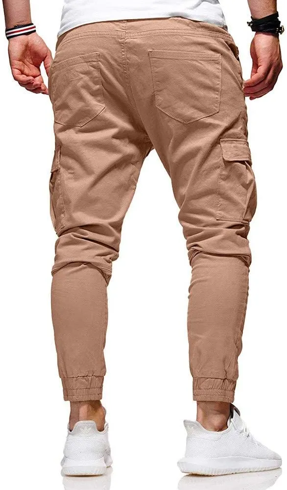 Men's Hiking Twill Chino Cargo Joggers Trousers Slim Fit Lightweight Drawstring Cotton Sweatpants with Multi Pockets