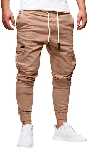 Men's Hiking Twill Chino Cargo Joggers Trousers Slim Fit Lightweight Drawstring Cotton Sweatpants with Multi Pockets