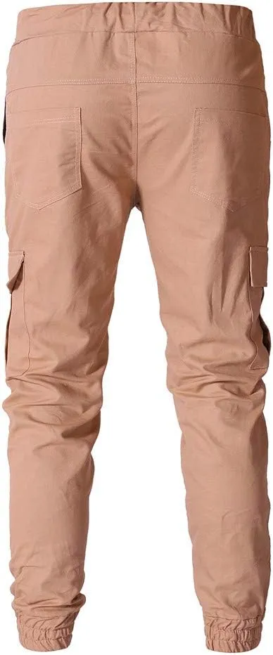 Men's Hiking Twill Chino Cargo Joggers Trousers Slim Fit Lightweight Drawstring Cotton Sweatpants with Multi Pockets