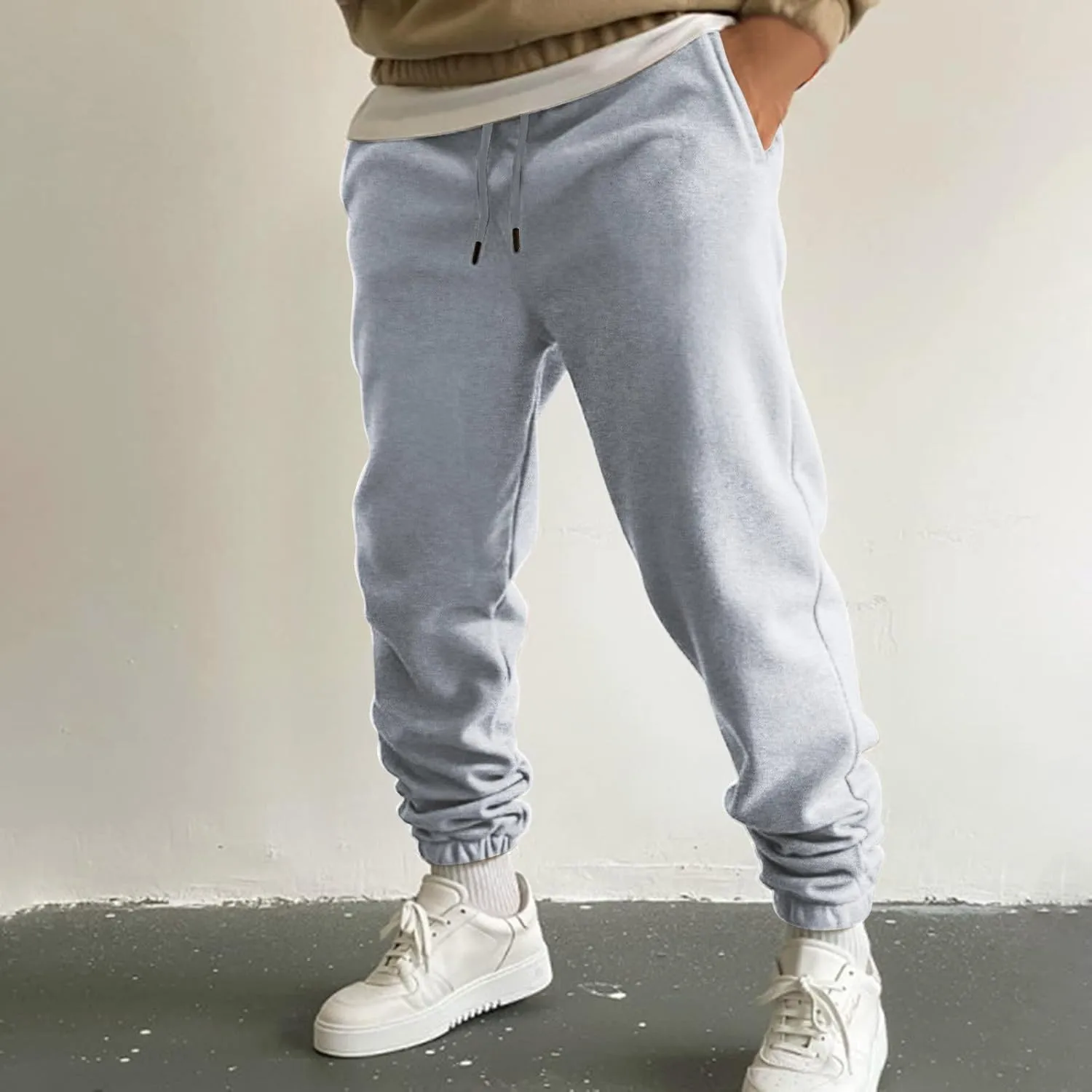 Men's Joggers Heavyweight Cargo Fleece Sweatpants Stretch Elastic Waist Trousers Drawstring Loose Pants with Pockets