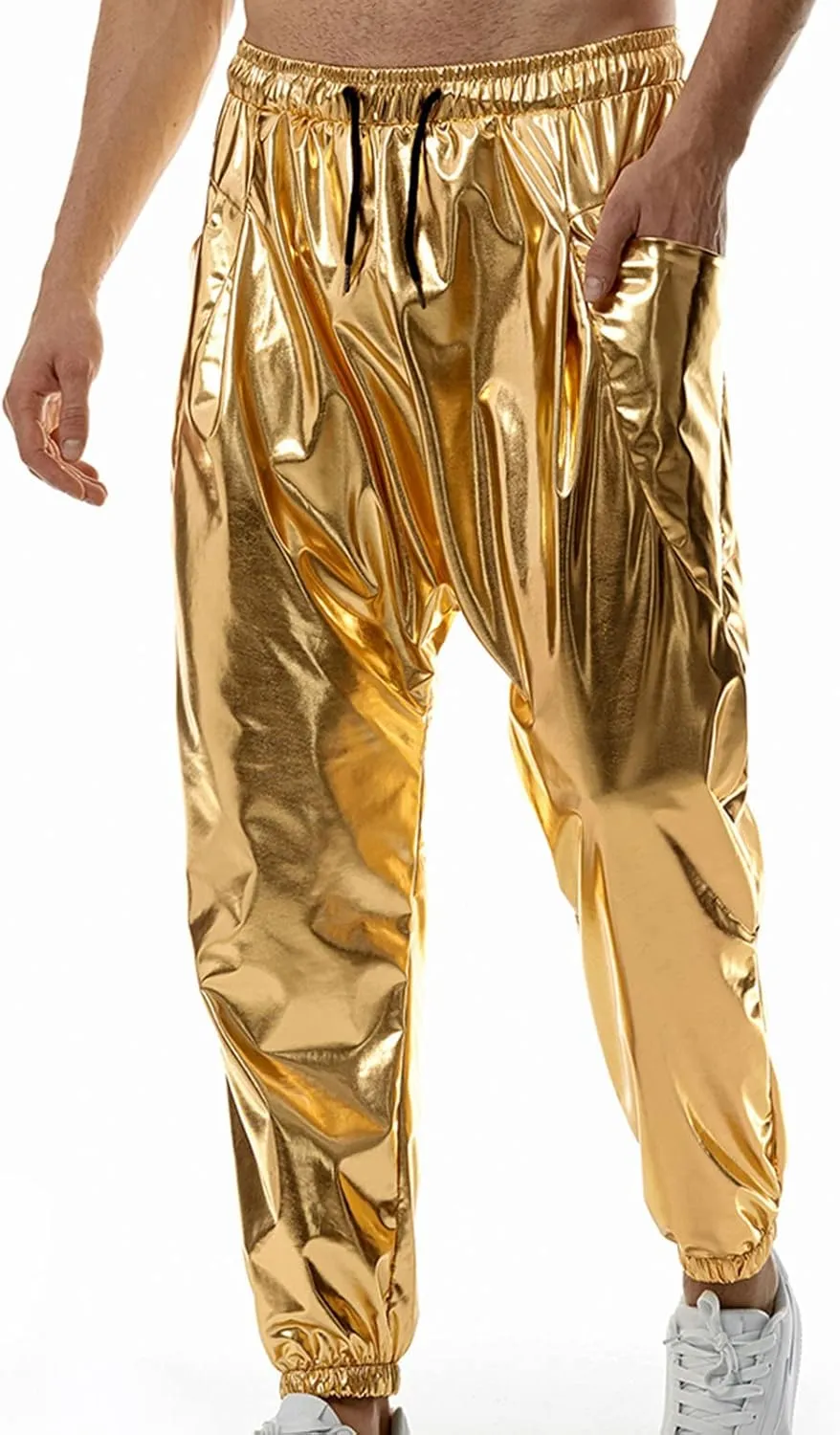 Mens Metallic Disco Pants 70s/80s Sequin Pants Drawstring Waist Night Club Party Pants Rave Shiny Jogger