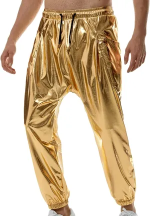 Mens Metallic Disco Pants 70s/80s Sequin Pants Drawstring Waist Night Club Party Pants Rave Shiny Jogger