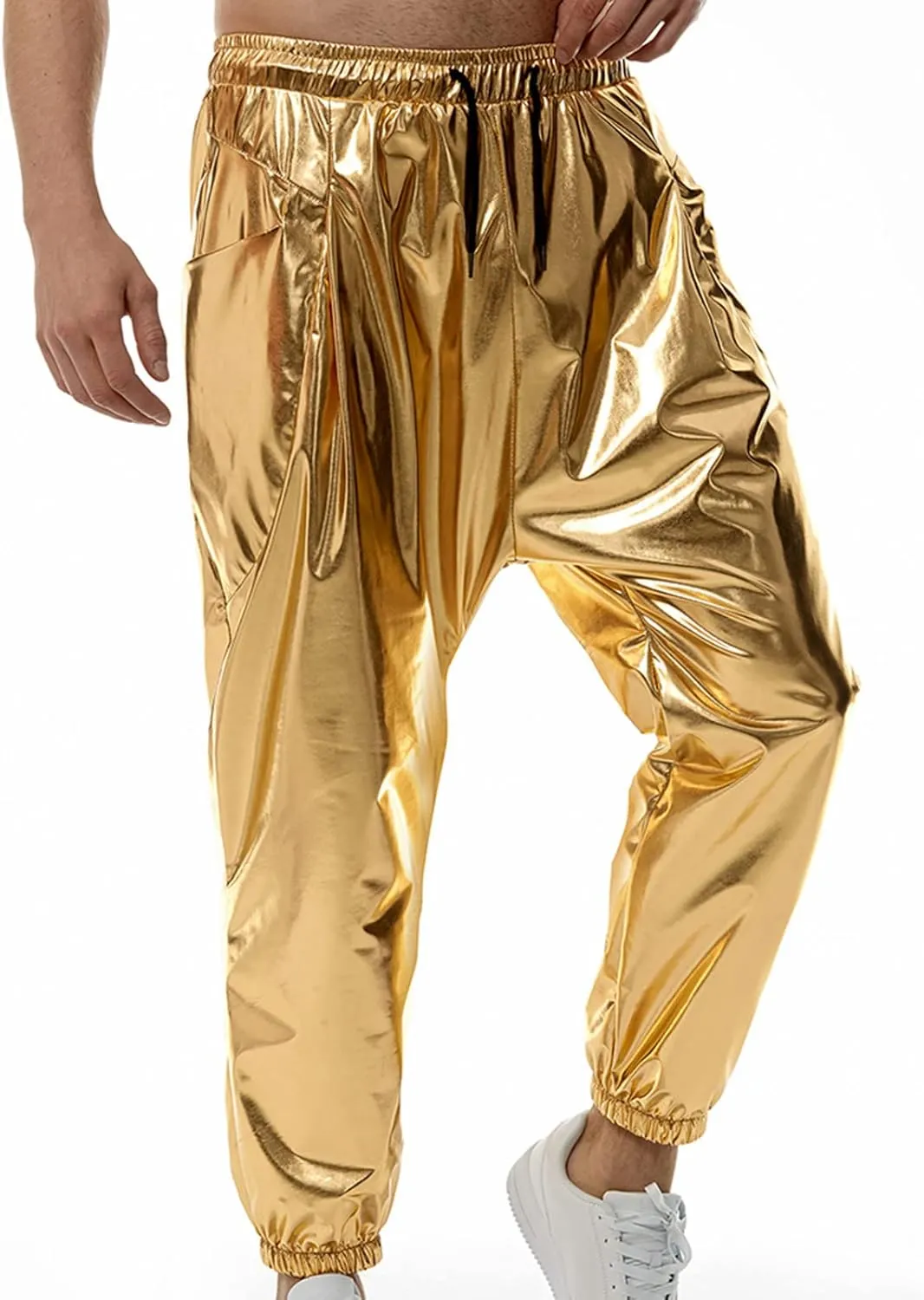 Mens Metallic Disco Pants 70s/80s Sequin Pants Drawstring Waist Night Club Party Pants Rave Shiny Jogger