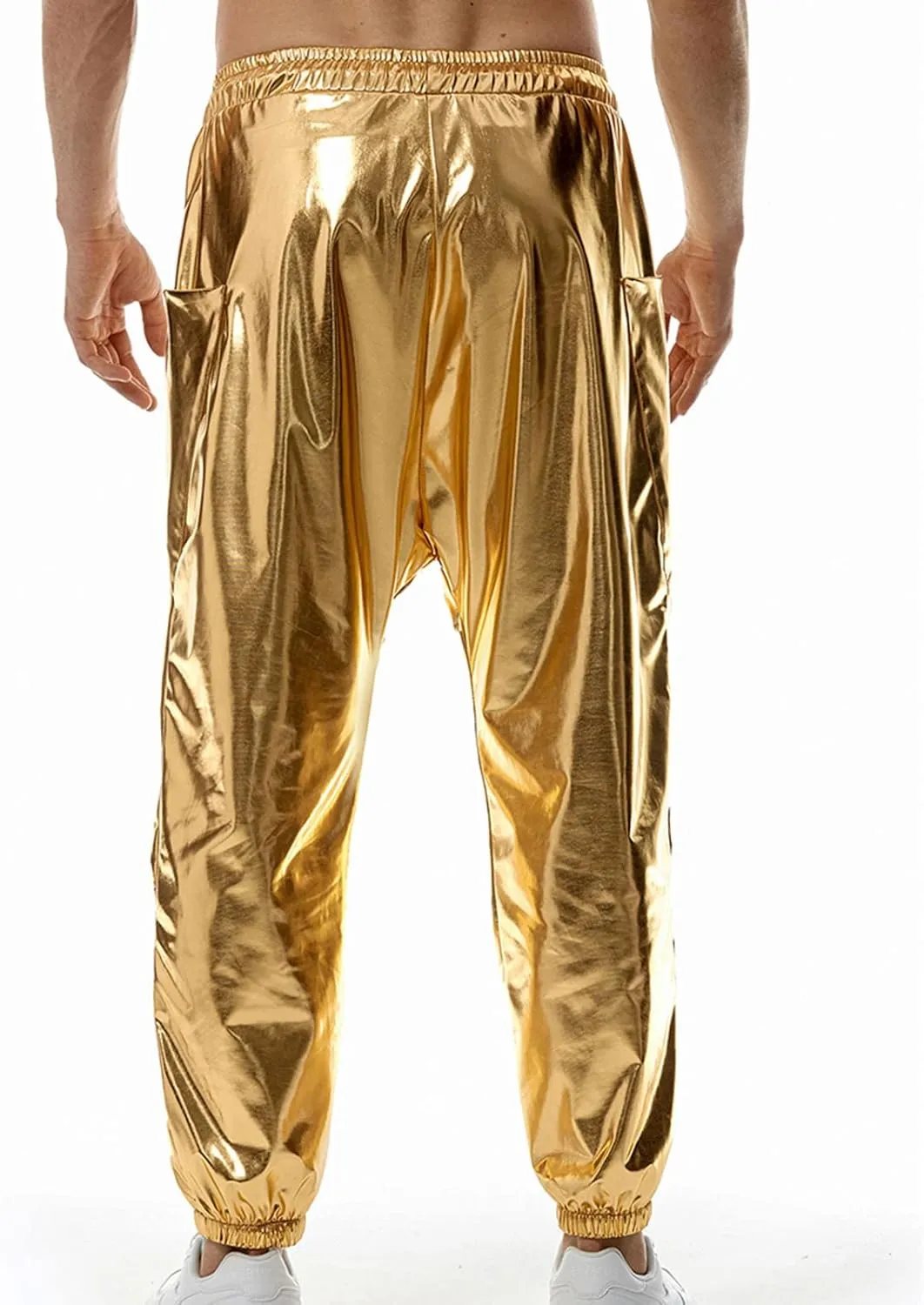 Mens Metallic Disco Pants 70s/80s Sequin Pants Drawstring Waist Night Club Party Pants Rave Shiny Jogger
