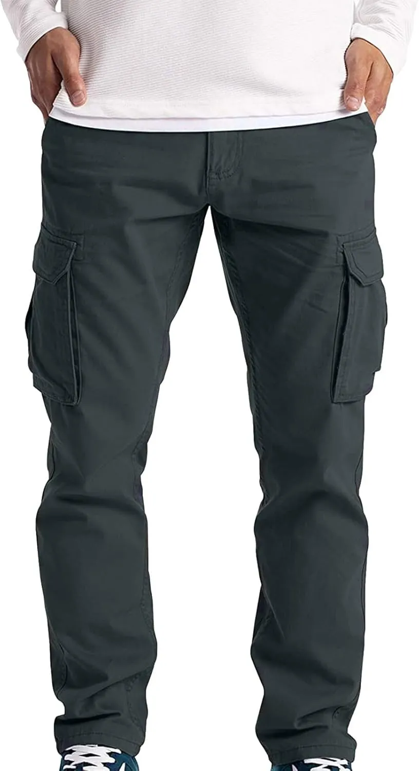 Mens Multi-Pocket Cargo Pants Cotton Simple Solid Color Leisure High Street Elastic Lace Outdoor Hiking Work