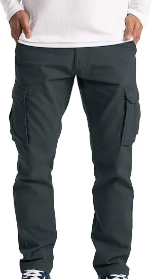 Mens Multi-Pocket Cargo Pants Cotton Simple Solid Color Leisure High Street Elastic Lace Outdoor Hiking Work