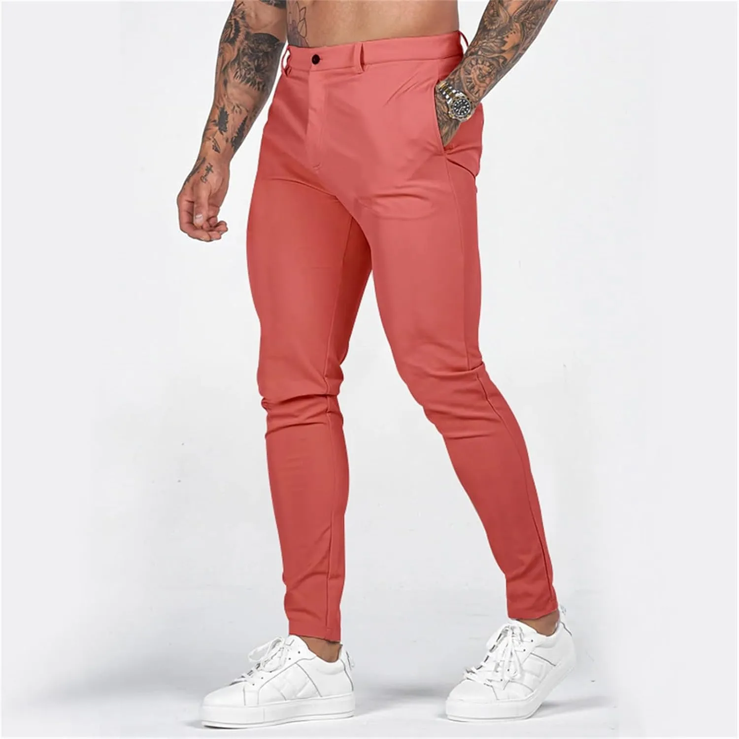 Mens Slim Fit Dress Pencil Pants Classic Flat Front Straight Leg Chinos Pants Business Suit Work Casual Golf Trousers