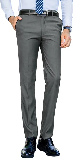 Men's Slim-Fit Flat-Front Dress Pant Classic Business Chino Trousers Solid Color Skinny Comfort Wedding Pant (36,Grey)