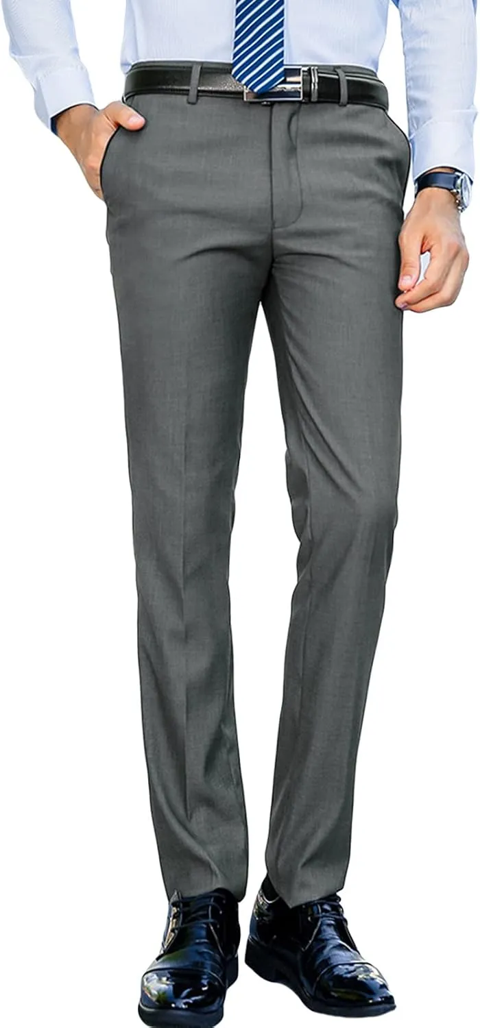 Men's Slim-Fit Flat-Front Dress Pant Classic Business Chino Trousers Solid Color Skinny Comfort Wedding Pant (36,Grey)