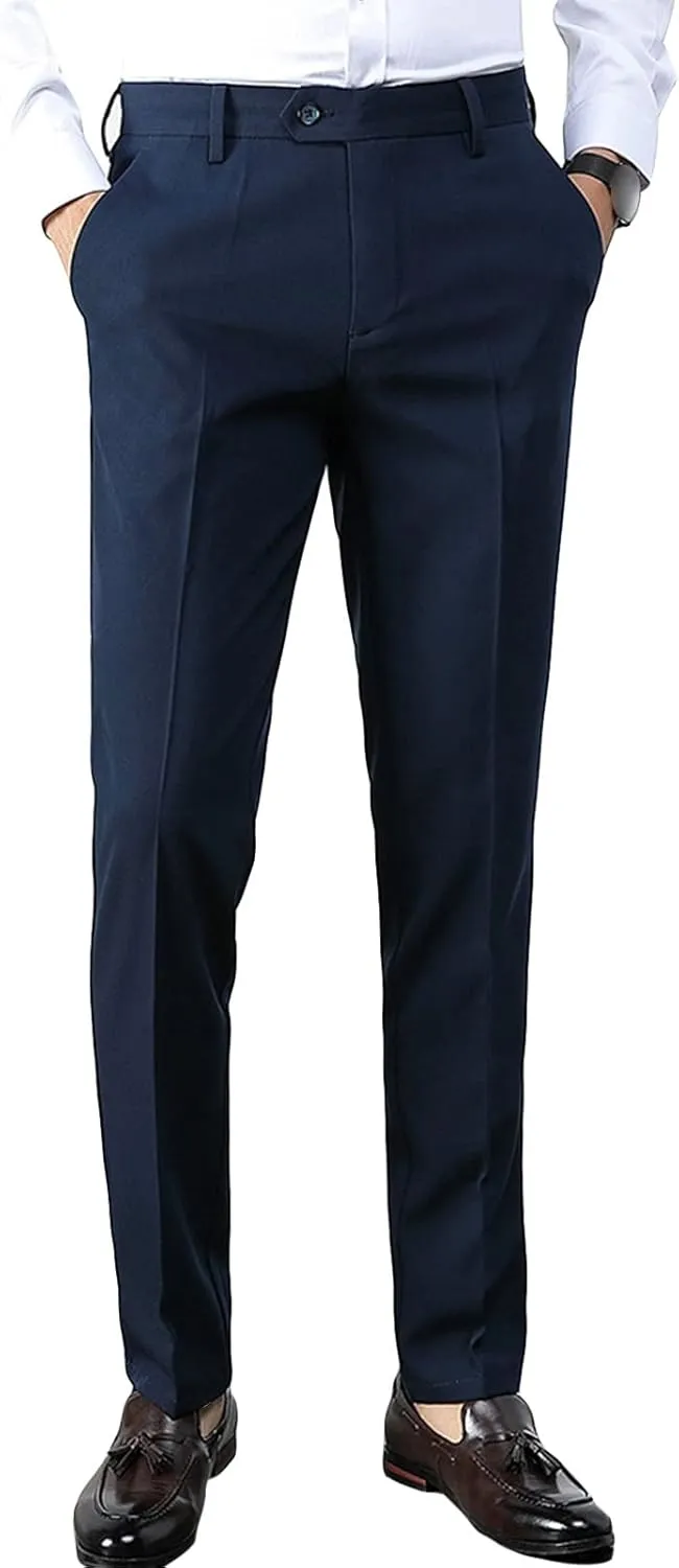 Men's Slim-Fit Flat-Front Dress Pant Classic-Fit Expandable-Waist Chino Pant Comfort Cotton Stretch Pants