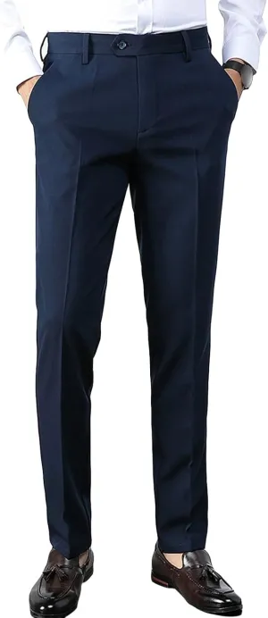 Men's Slim-Fit Flat-Front Dress Pant Classic-Fit Expandable-Waist Chino Pant Comfort Cotton Stretch Pants