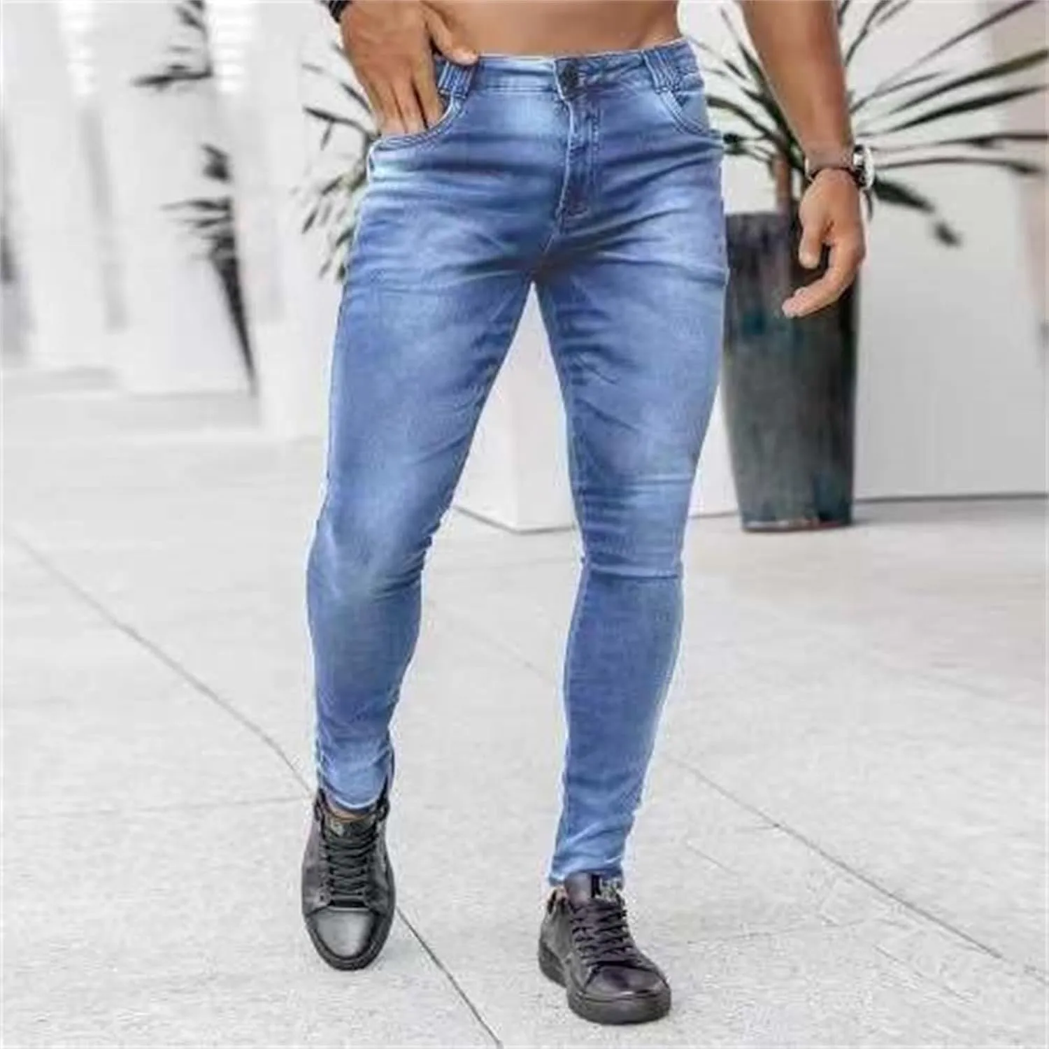 Mens Slim Fit Skinny Denim Pants Straight Leg Vintage Distressed Casual Jeans Classic Biker Jean Outdoor Streetwear Trousers