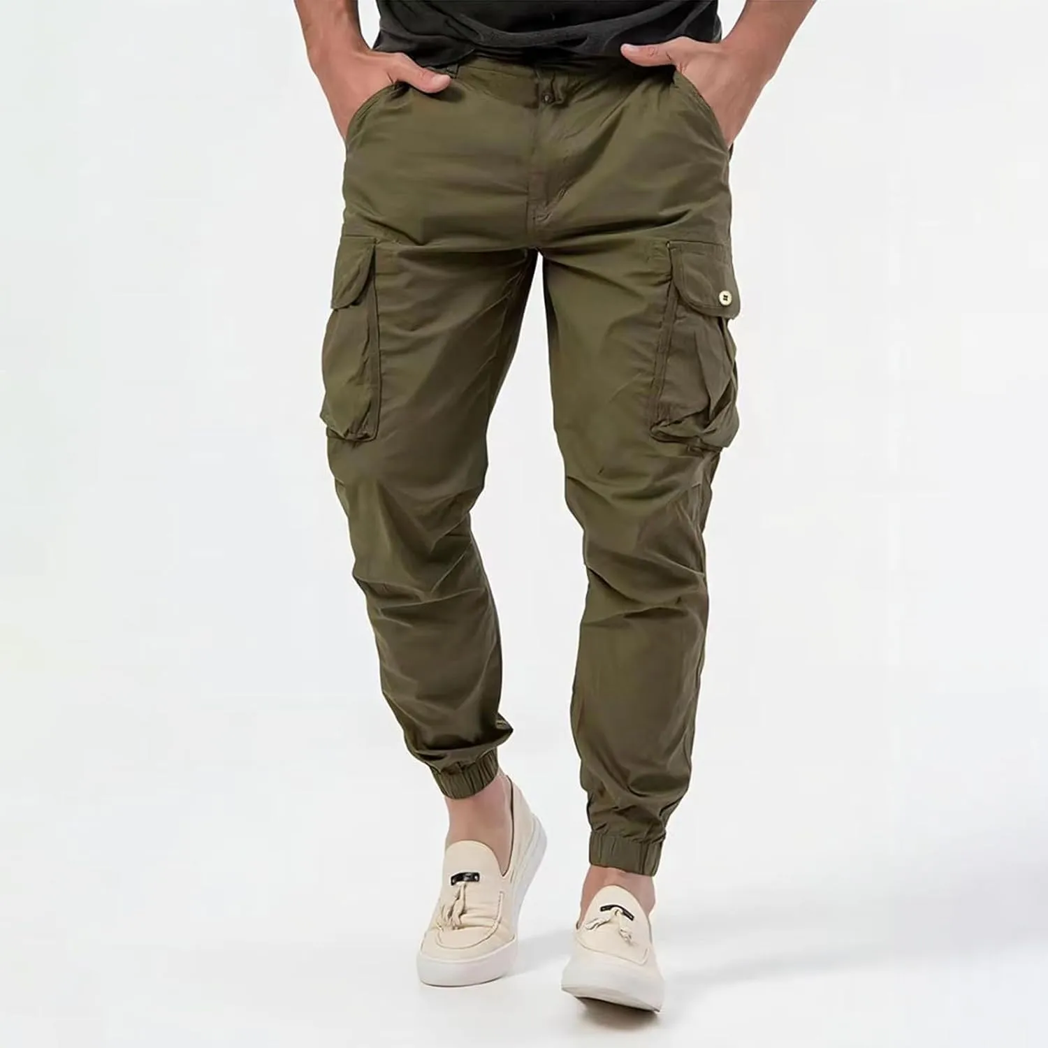 Men's Stretch Cargo Pants Outdoor Hiking Tapered Pants Solid Color Slim Fit Trousers Lightweight Baggy Work Trousers