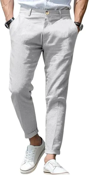 Mens Stretch Slim Fit Plaid Linen Classic Lightweight Dress Business Suit Casual Golf Party Wedding Trousers Pants