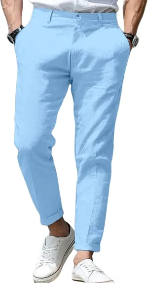 Mens Stretch Slim Fit Plaid Linen Classic Lightweight Dress Business Suit Casual Golf Party Wedding Trousers Pants