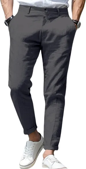 Mens Stretch Slim Fit Plaid Linen Classic Lightweight Dress Business Suit Casual Golf Party Wedding Trousers Pants