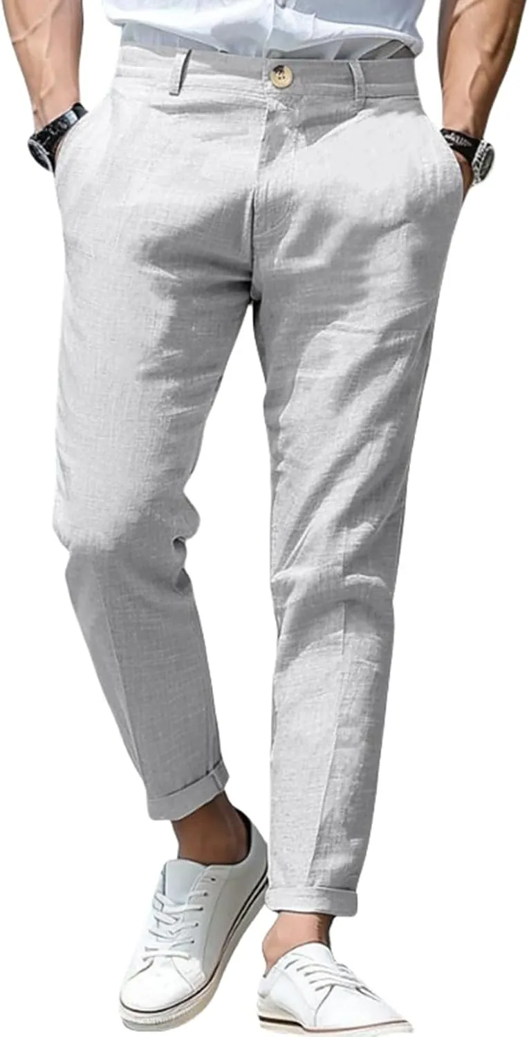 Mens Stretch Slim Fit Plaid Linen Classic Lightweight Dress Business Suit Casual Golf Party Wedding Trousers Pants