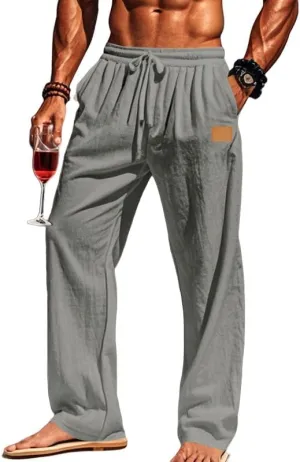 Mens Sweatpants Cotton Linen Waist Drawstring Straight Leg Casual Regular Fit Classic Trousers Outdoor Beach Pants