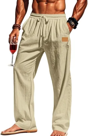 Mens Sweatpants Cotton Linen Waist Drawstring Straight Leg Casual Regular Fit Classic Trousers Outdoor Beach Pants