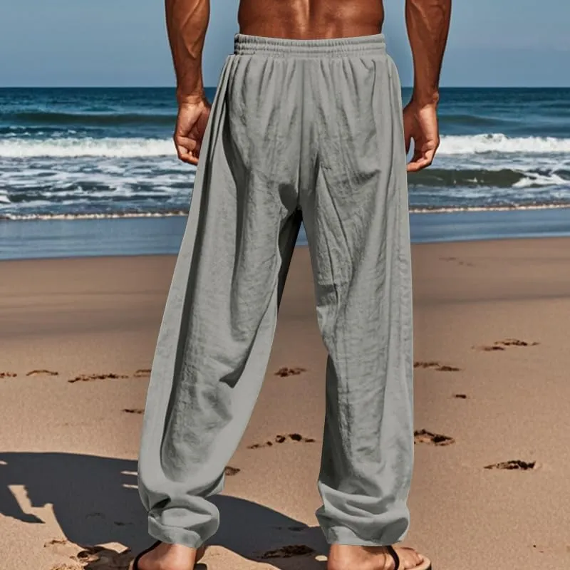 Mens Sweatpants Cotton Linen Waist Drawstring Straight Leg Casual Regular Fit Classic Trousers Outdoor Beach Pants
