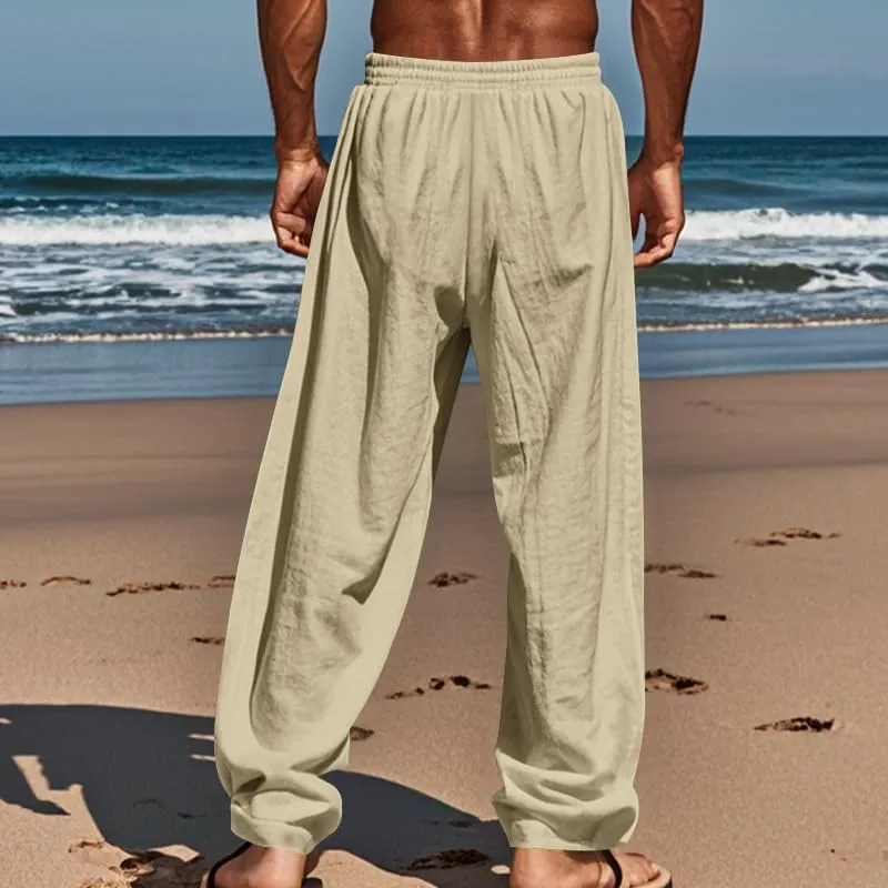 Mens Sweatpants Cotton Linen Waist Drawstring Straight Leg Casual Regular Fit Classic Trousers Outdoor Beach Pants
