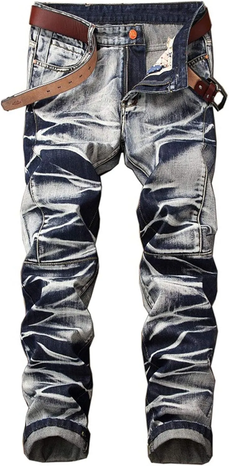 Men's Tie-Dyed Slim Jeans Distressed Mid Waist Stylish Denim Patns Comfort Washed Fashion Cool Jean Trousers