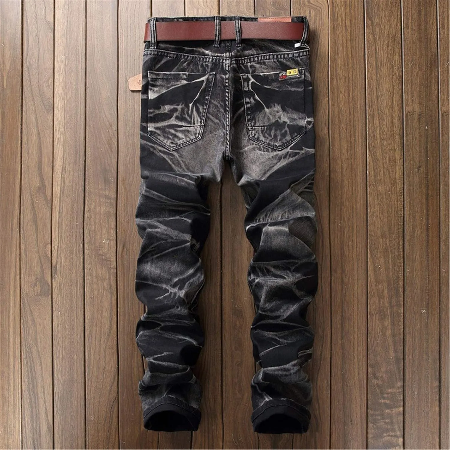 Men's Tie-Dyed Slim Jeans Distressed Mid Waist Stylish Denim Patns Comfort Washed Fashion Cool Jean Trousers