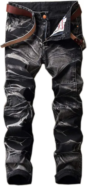 Men's Tie-Dyed Slim Jeans Distressed Mid Waist Stylish Denim Patns Comfort Washed Fashion Cool Jean Trousers