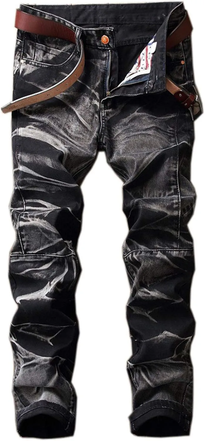 Men's Tie-Dyed Slim Jeans Distressed Mid Waist Stylish Denim Patns Comfort Washed Fashion Cool Jean Trousers