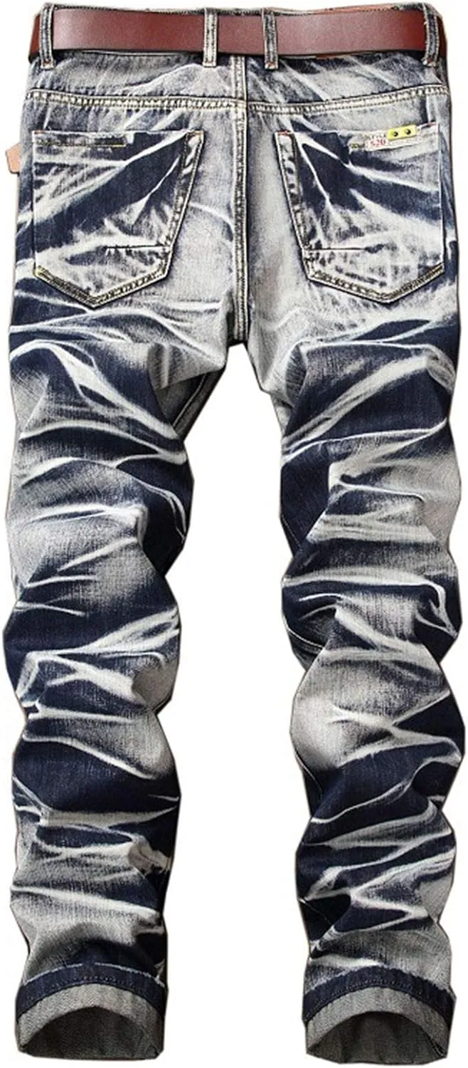 Men's Tie-Dyed Slim Jeans Distressed Mid Waist Stylish Denim Patns Comfort Washed Fashion Cool Jean Trousers