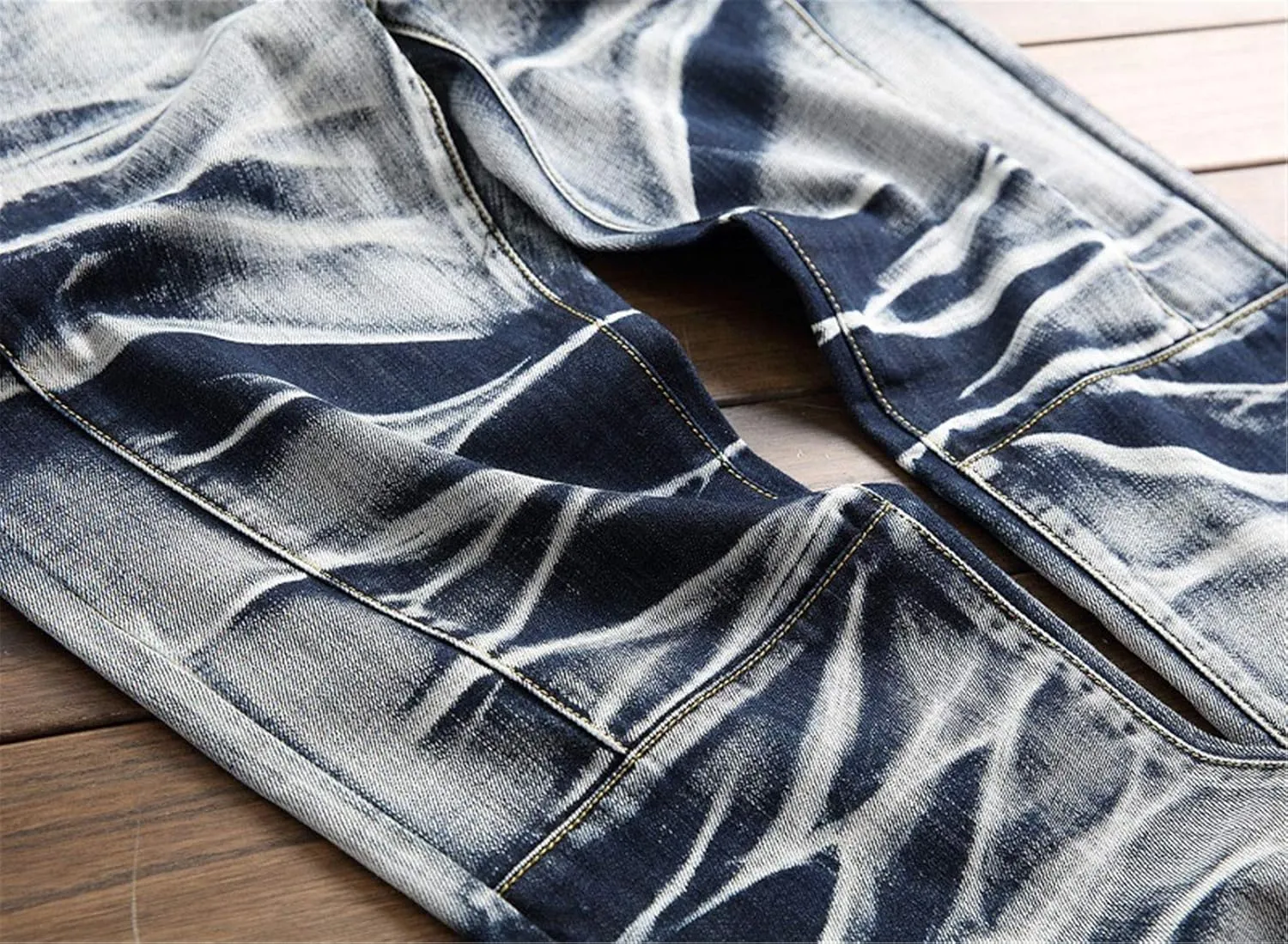 Men's Tie-Dyed Slim Jeans Distressed Mid Waist Stylish Denim Patns Comfort Washed Fashion Cool Jean Trousers