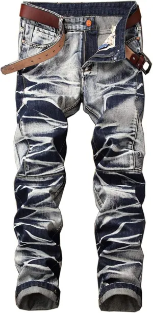 Men's Tie-Dyed Slim Jeans Distressed Mid Waist Stylish Denim Patns Comfort Washed Fashion Cool Jean Trousers