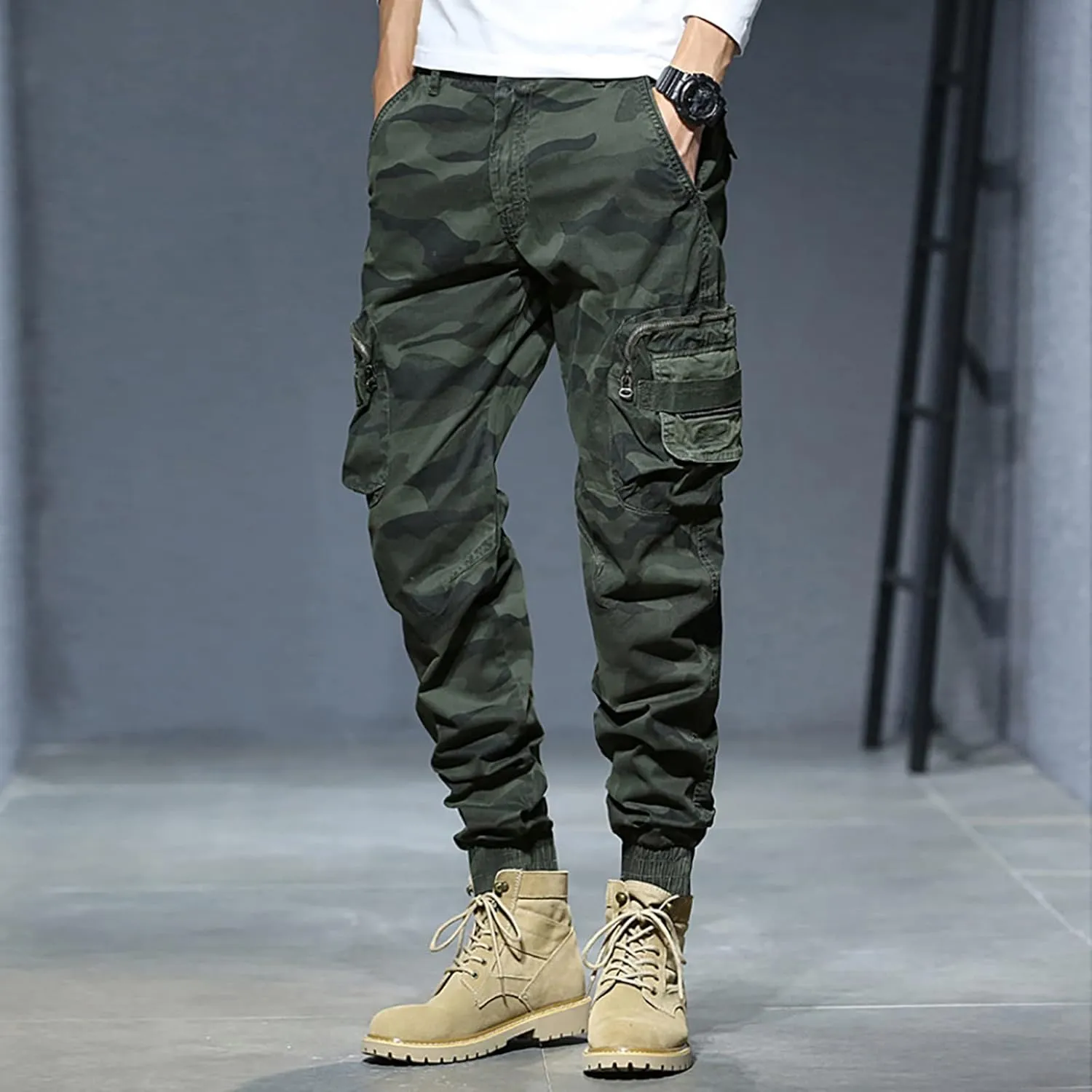 Men's Zipper Fly Flare Leg Pants Pantalones Blancos para Hombre Athletic Work Pants for Men Cotton Cargo Sweatpants