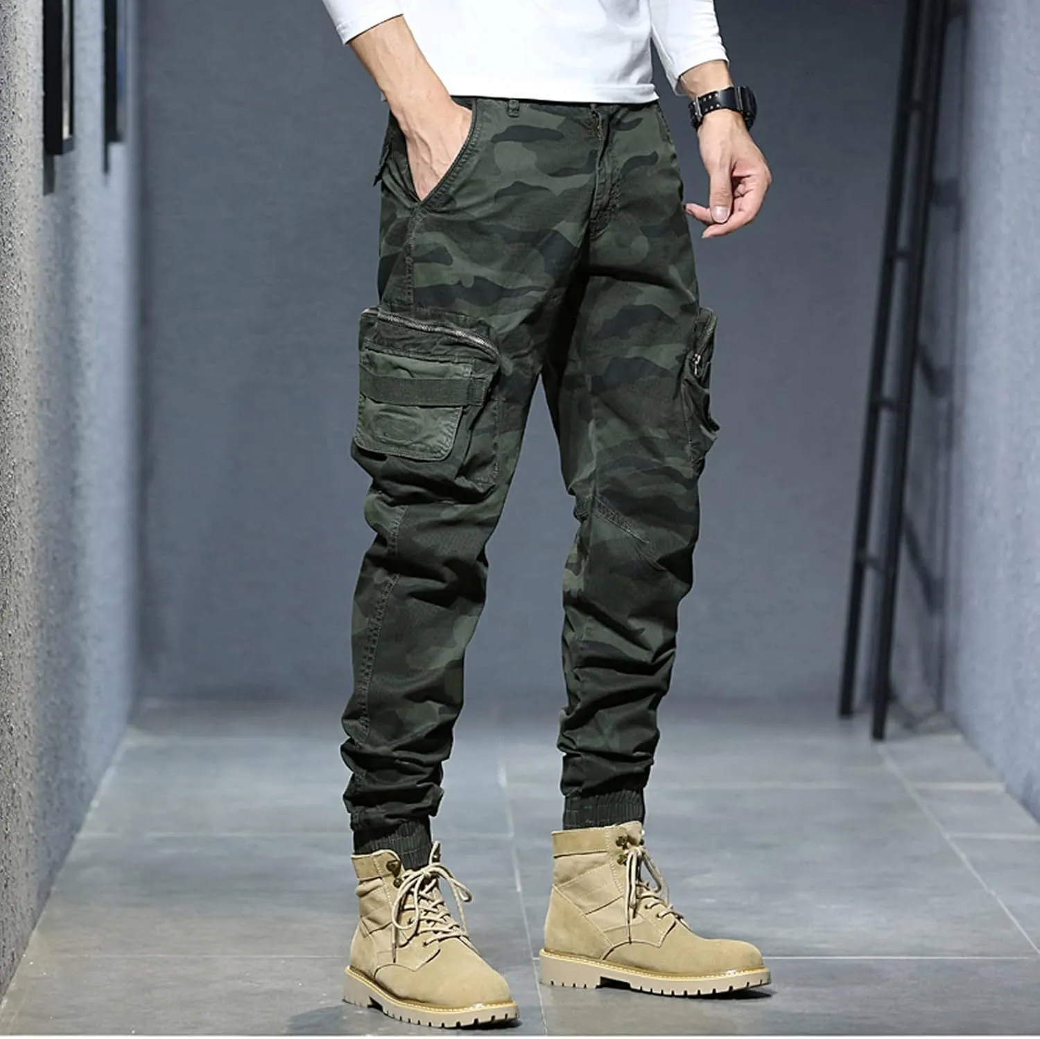 Men's Zipper Fly Flare Leg Pants Pantalones Blancos para Hombre Athletic Work Pants for Men Cotton Cargo Sweatpants